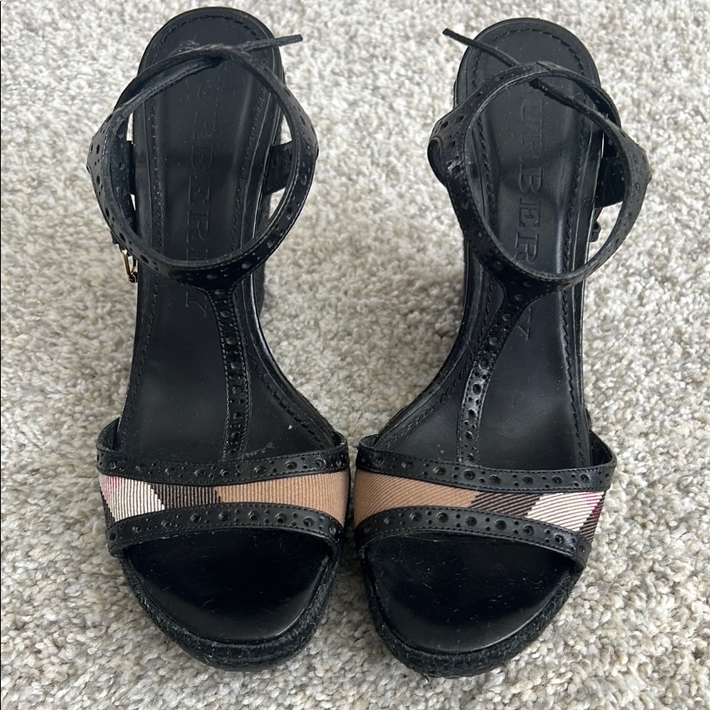 Burberry Black and Tan Heels with Ankle Strap